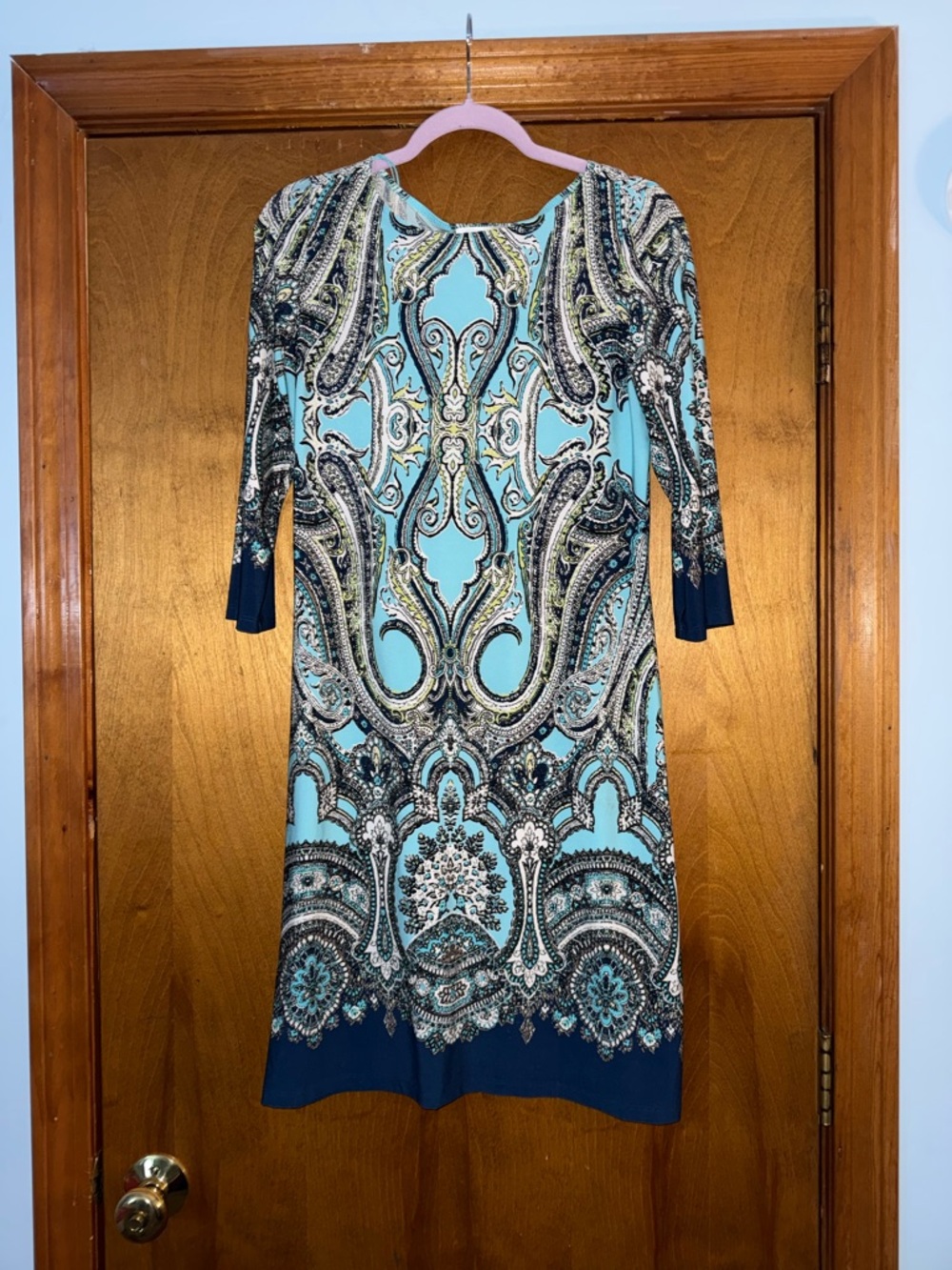London Times Turquoise and Navy Paisley-Print Long Sleeve Dress